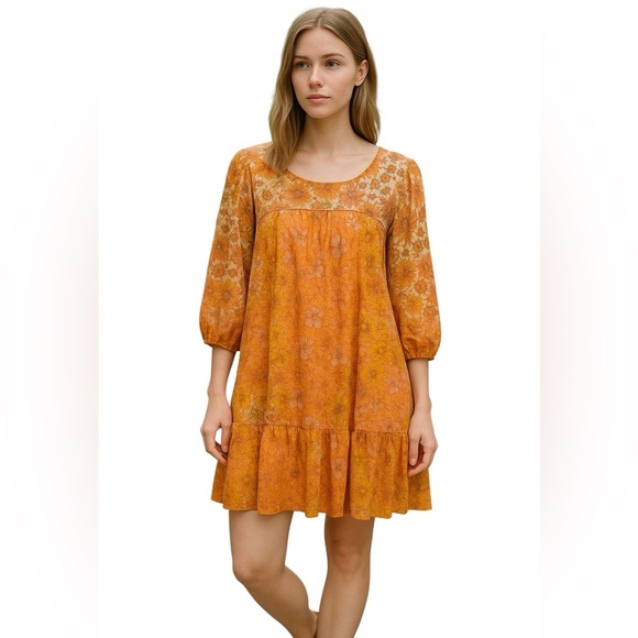 AMERICAN EAGLE ORANGE FLORAL BOHO PEASANT CUT OUT WESTERN FLOWY DRESS SZ L TALL - Picture 12 of 12